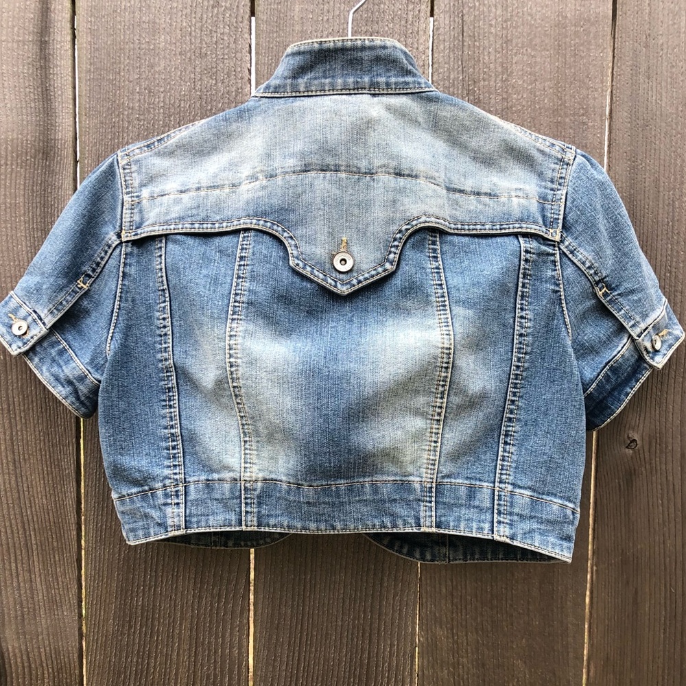 MNG Jeans Faded Cropped Denim Jacket Size Medium - Picture 2 of 4
